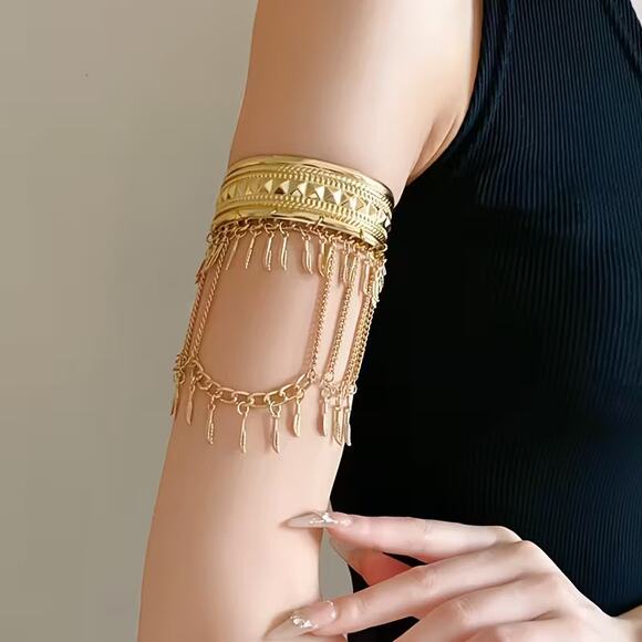 Gold Boho Tribal Festival Rave Arm Cuff Bracelet w/ Chains & Feather Charms - Picture 2 of 4